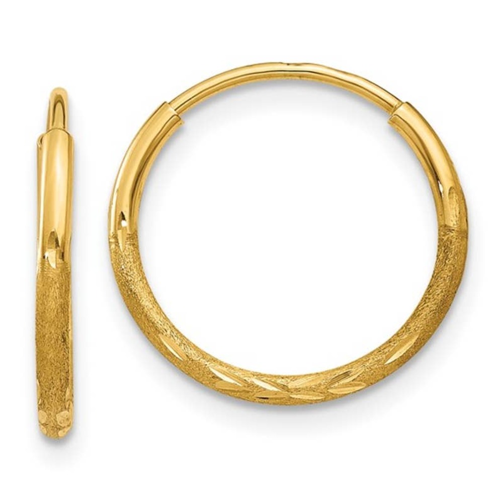 Real 10K Yellow Gold 1.25mm Diamond Cut Endless Hoop Earrings 12mm